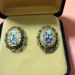 Vintage Mosaic Mother Of Pearl Inlay Screwback Earrings
